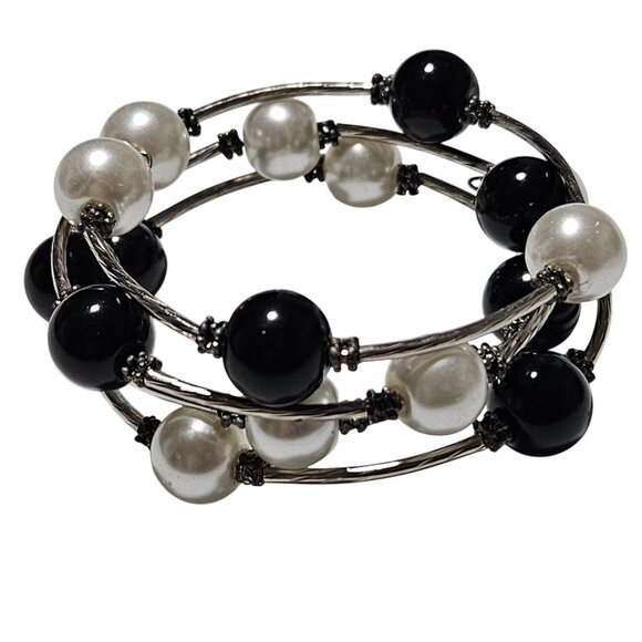 Elegant Black White Faux Pearl Memory Wire Stacked Coil Bracelet Fashion Jewelry - Picture 1 of 4
